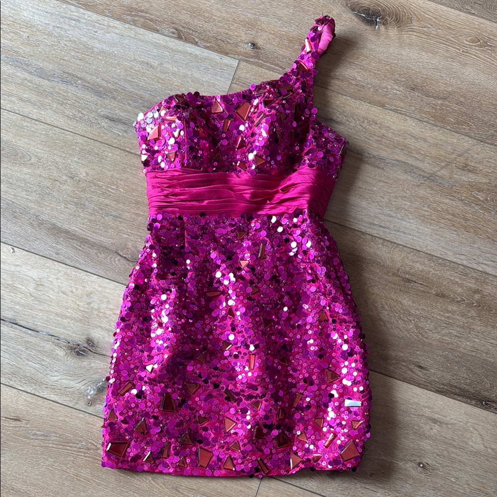 Pink Sequin One-Shoulder Dress
